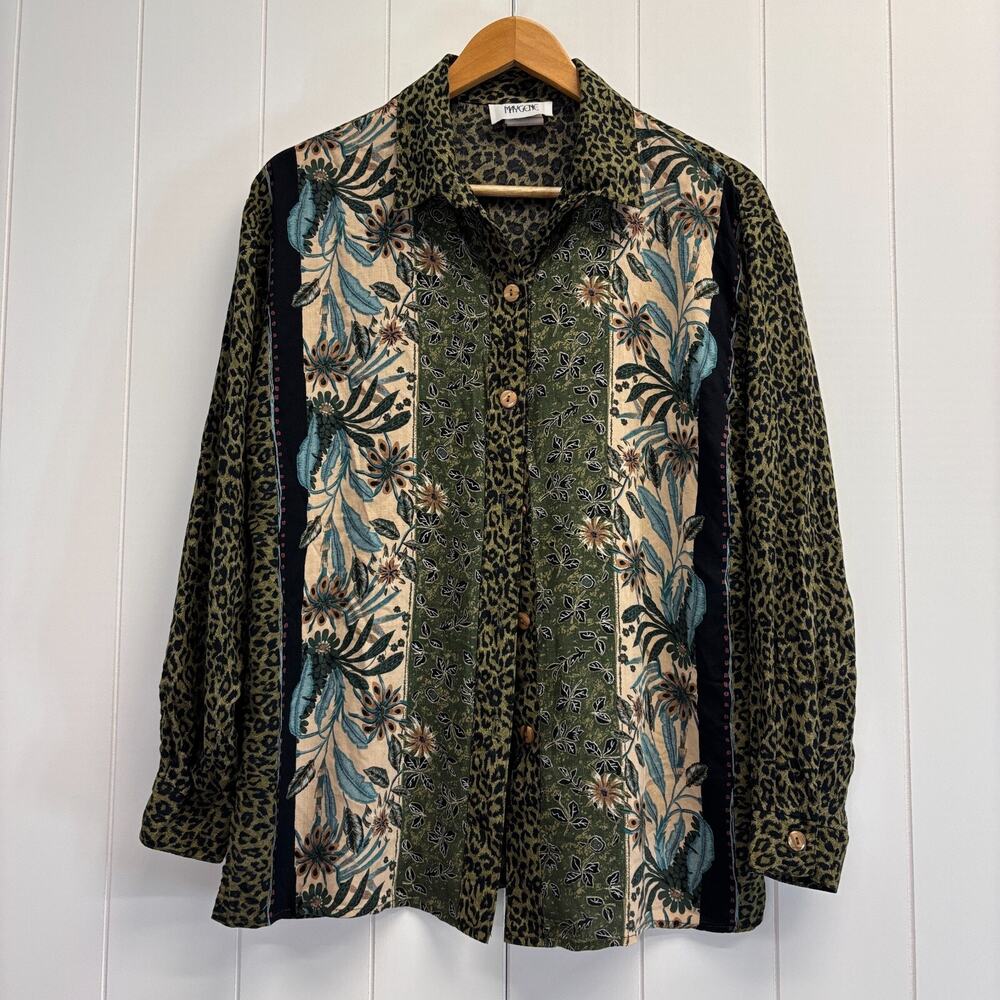 Vintage Maycene Resort Floral Animal Print Button Down Top Women Size S Earthy